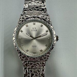 Ice Star Watch Men Silver Tone Nugget 43MM Round New Battery 8.5 Inch